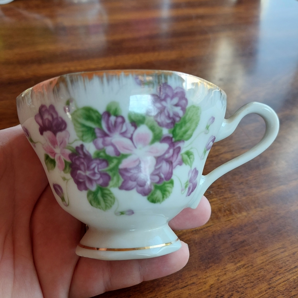 ESD Japan Hand Painted Purple Floral Teacup Only Gold Rimmed Vintage